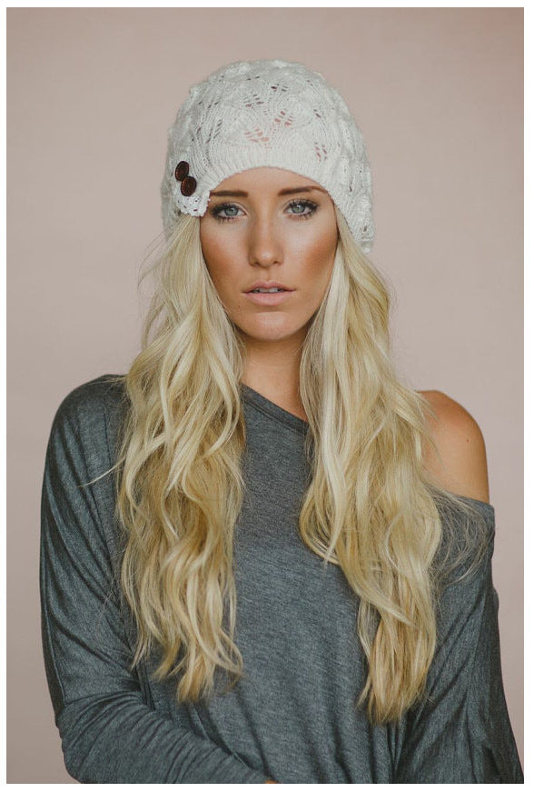 Wholesale Pure Woolen Hat Hollow Leaf Lace Button Knitted Hat